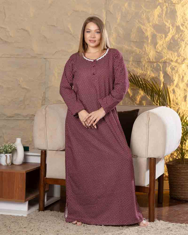 عباية بيت طويلة بكم كامل، خلفية نبيتي بنقط صغيرة فاتحة، تفاصيل الكم والطبعة