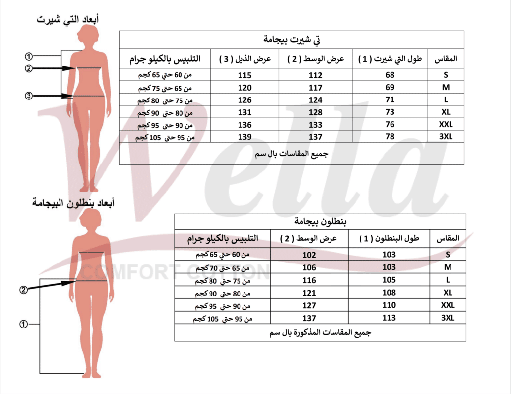 جدول مقاسات بيجامات حريمي